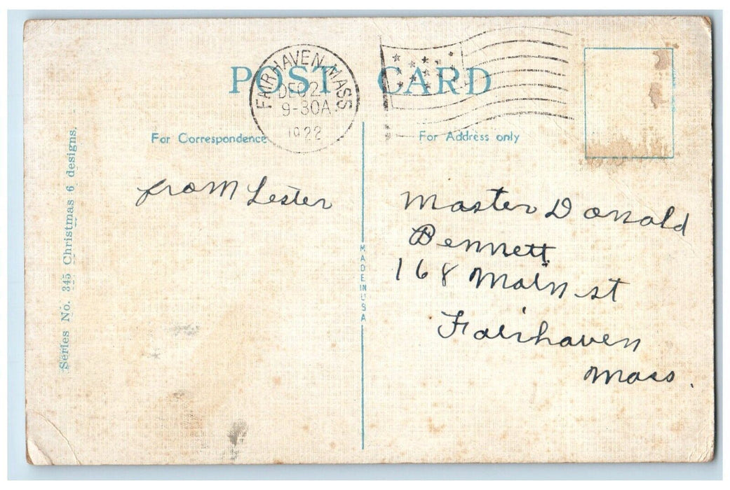 1922 Christmas Santa Claus Render Clock Fair Haven Massachusetts MA Postcard
