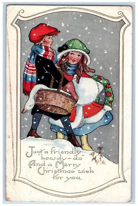 c1910's Merry Christmas Children Goose In Basket Whreat Snowfall Winter Postcard