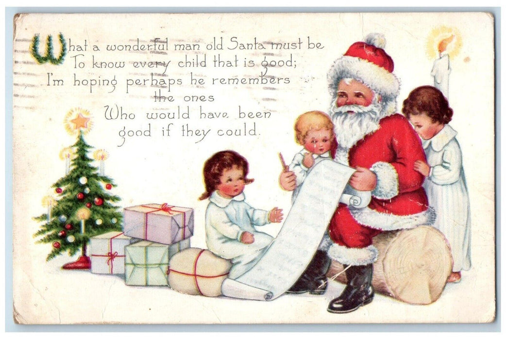 Christmas Santa Claus And Children Checking List Gifts New Bedford MA Postcard
