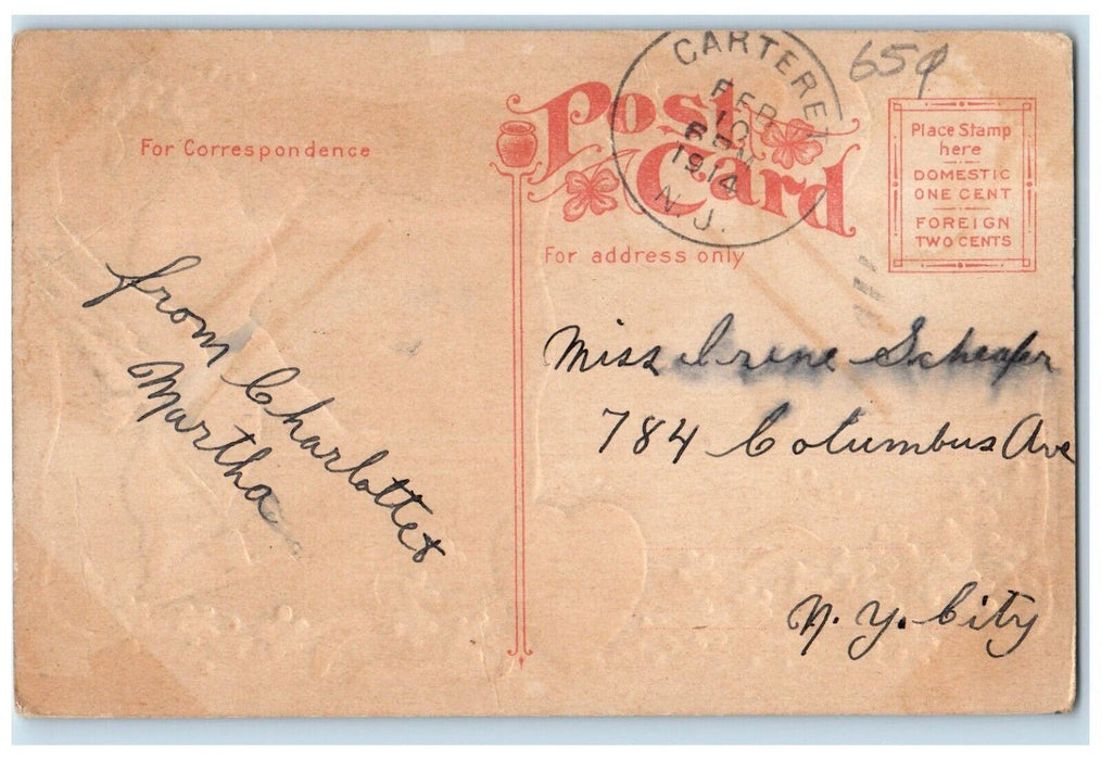 1914 Valentine Hearts Pansies Flowers Angels Writing Carteret NJ Posted Postcard