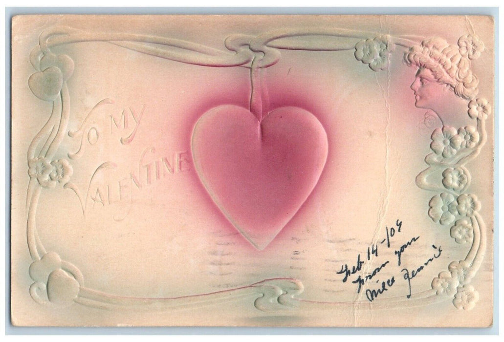 Valentine Heart Woman Face Flowers Airbrushed Embossed Wilkens Barre PA Postcard