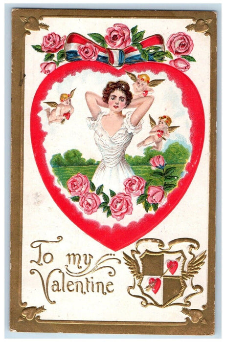 c1910's Valentine Woman Floating Angels Hearts Flowers Embossed Antique Postcard