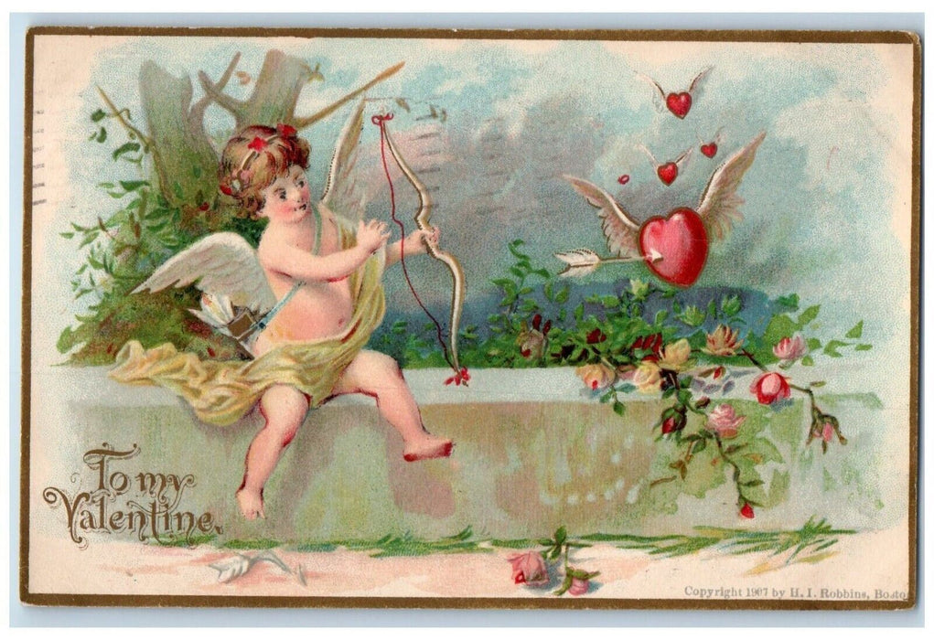 1907 Valentine Cupid Angel Bow And Arrow Hearts Wings Flowers Antique Postcard