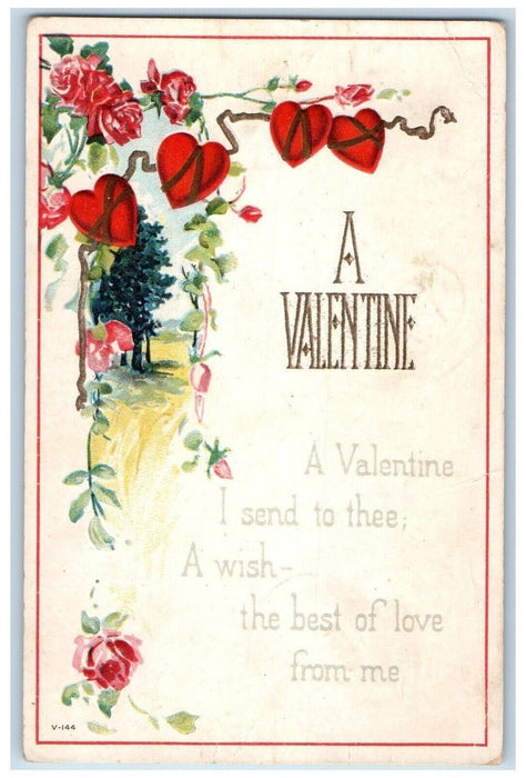 1922 Valentine Message Hearts Flowers Embossed Posted Antique Postcard