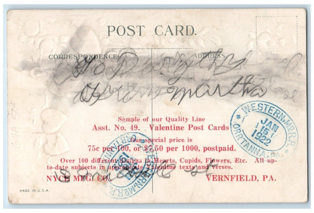 1922 Valentine Message Hearts Flowers Embossed Posted Antique Postcard
