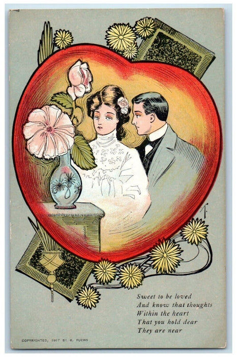 c1910's Valentine Heart Couple Romance Flowers Vase Posted Antique Postcard