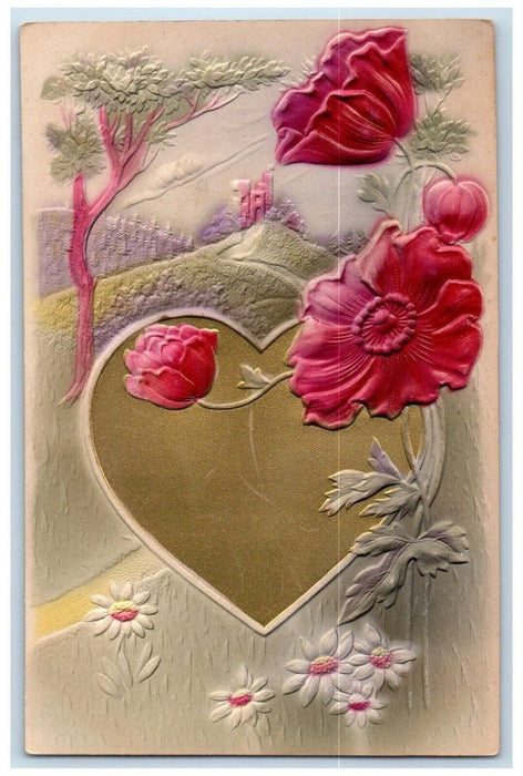 c1910's Valentine Heart Daisy Flowers Trees Airbrushed Embossed Antique Postcard
