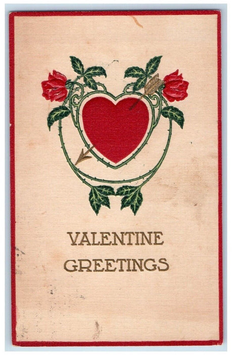 c1910's Valentine Greetings Heart Arrow Flowers Embossed Posted Antique Postcard