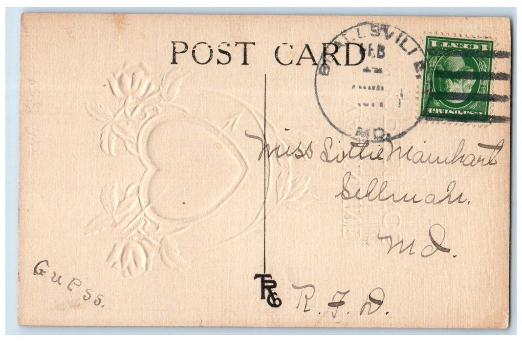 c1910's Valentine Greetings Heart Arrow Flowers Embossed Posted Antique Postcard
