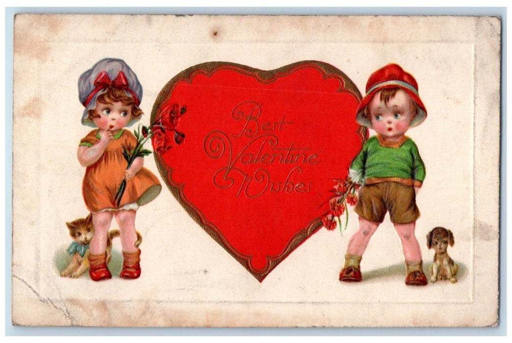 c1910's Valentine Wishes Heart Children Cat Dog Flowers Winsch Back Postcard