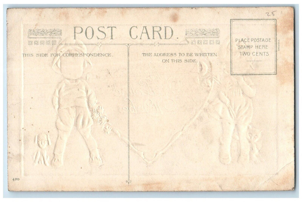 c1910's Valentine Wishes Heart Children Cat Dog Flowers Winsch Back Postcard