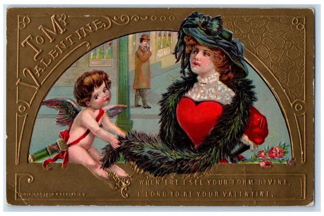 c1910's Valentine Cupid Angel Pretty Woman Big Hat Embossed Antique Postcard