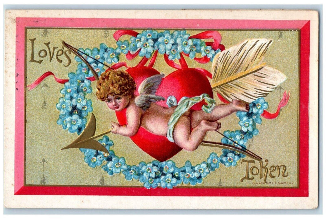 1910 Valentine Cupid Angel Heart Bow And Arrow Pansies Flowers Embossed Postcard