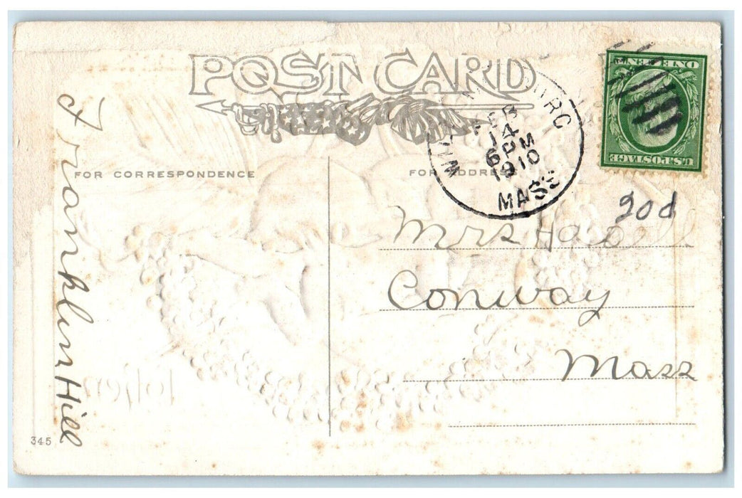 1910 Valentine Cupid Angel Heart Bow And Arrow Pansies Flowers Embossed Postcard