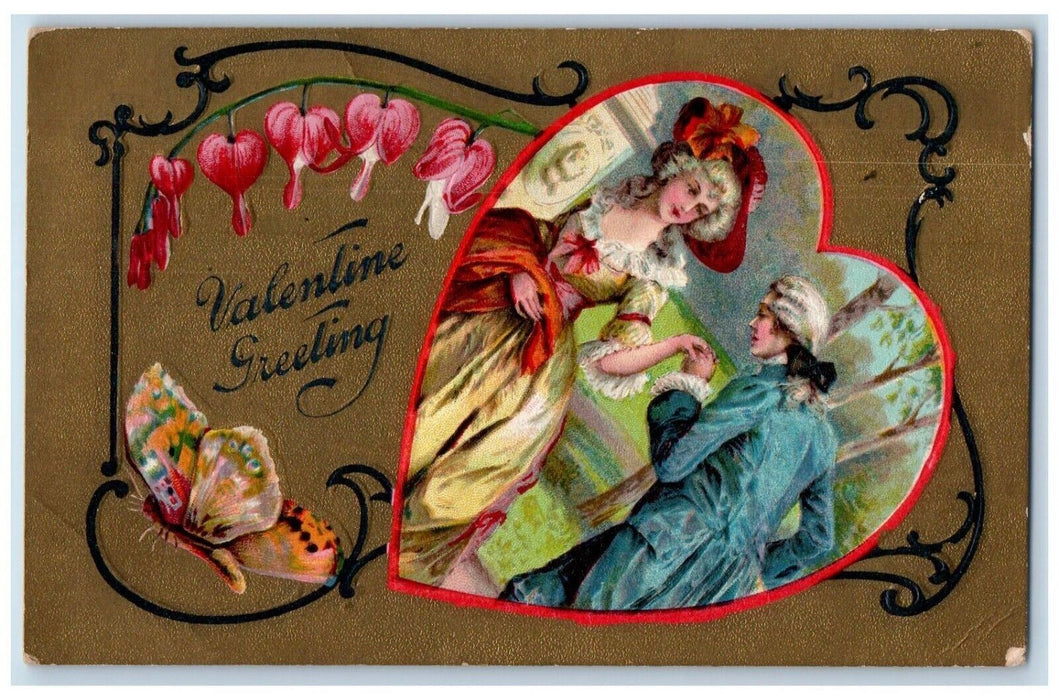 c1910's Valentine Greetings Heart Colonial Couple Butterfly Embossed Postcard