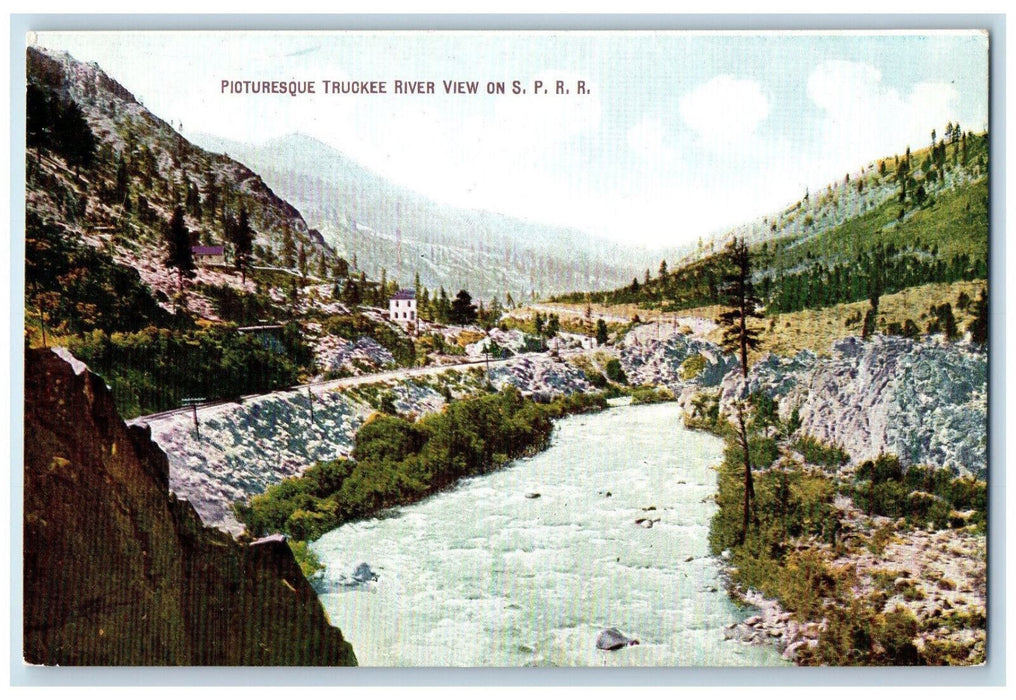 View Of Pioturesque Truckee River View On S.P.R.R. Train Railroad Postcard