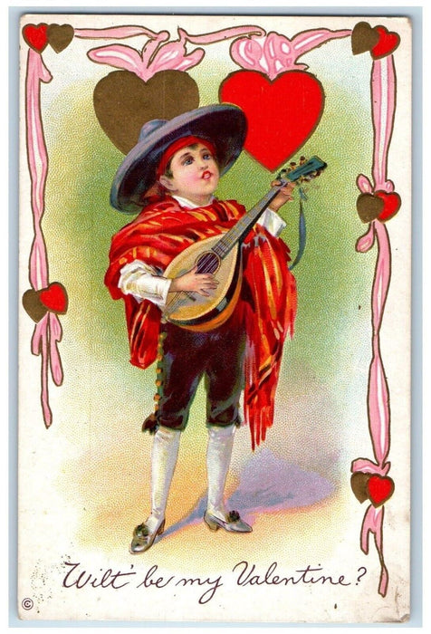 c1910's Valentine Boy Playing Guitar Hearts Embossed Unposted Antique Postcard