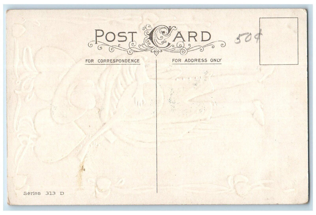 c1910's Valentine Boy Playing Guitar Hearts Embossed Unposted Antique Postcard