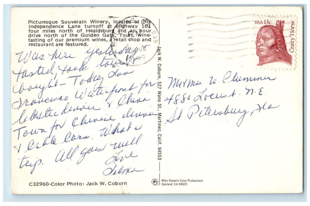 1982 Picturesque Souverain Winery Retail Shop Restaurant Healdsburg CA Postcard