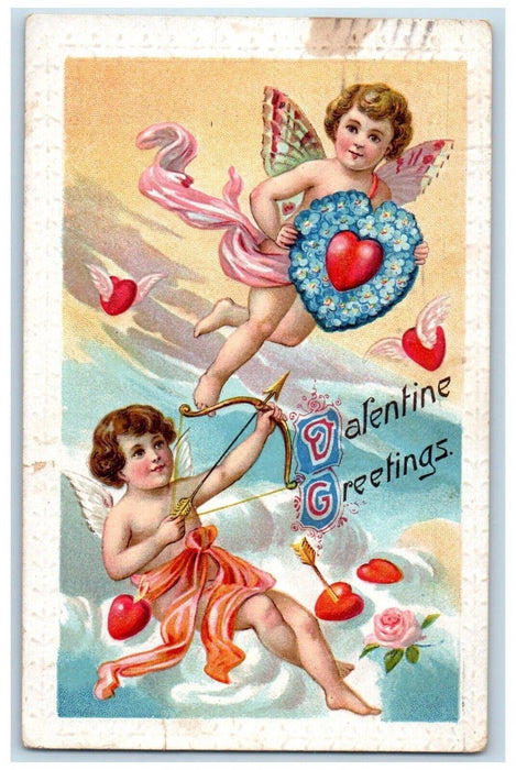 1910 Valentine Greetings Angels Butterfly Wings Bow Arrow Heart Pansies Postcard