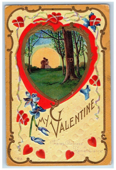 c1910's Valentine Hearts Sweet Couple Romance Sunset Embossed Antique Postcard