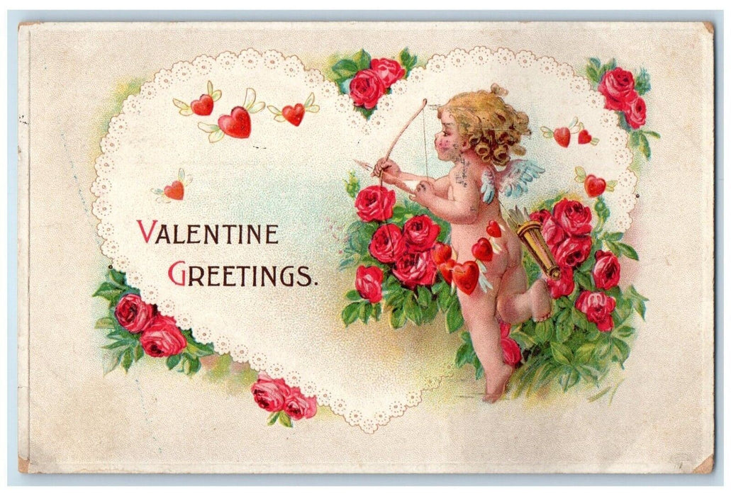 1913 Valentine Greetings Hearts Wings Cupid Angel Bow Arrow Flowers Postcard
