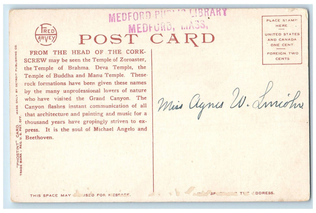 Devil's Corkscrew On Bright Angel Trail Grand Canyon AZ Fred Harvey Postcard