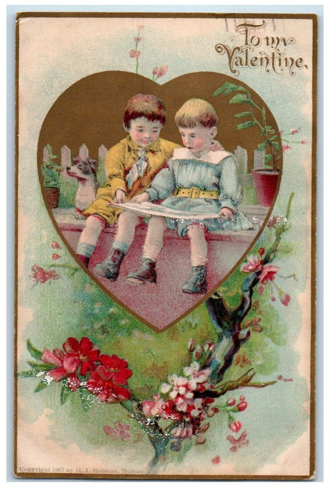 1907 Valentine Heart Children Dog Pansies Flowers Posted Antique Postcard