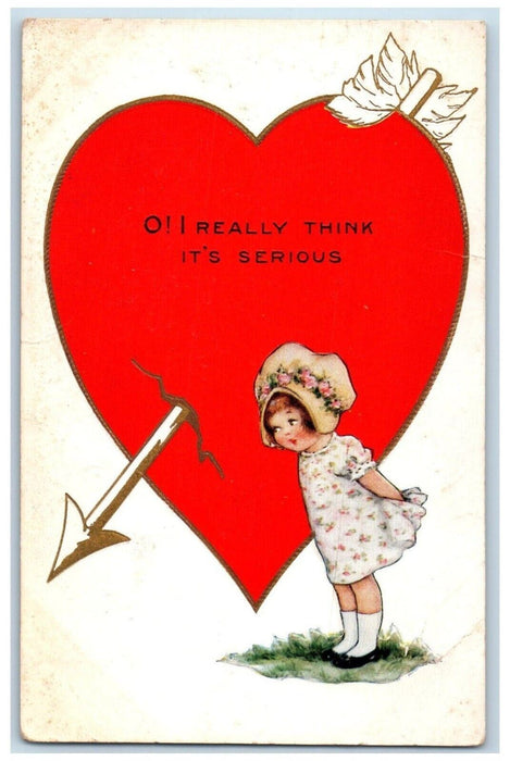 c1910's Valentine Little Girl Giant Heart And Arrow Embossed Antique Postcard