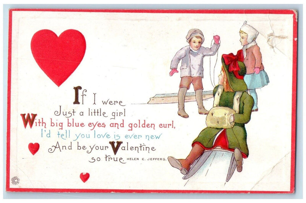 c1910's Valentine Children Sleigh Handwarmer Winter Embossed Antique Postcard