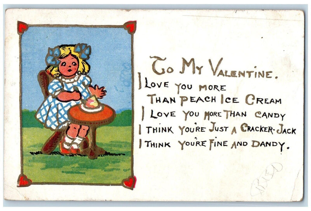 c1910's Valentine Girl Eating Ice Cream Pansies Hair Ribbon Embossed Postcard