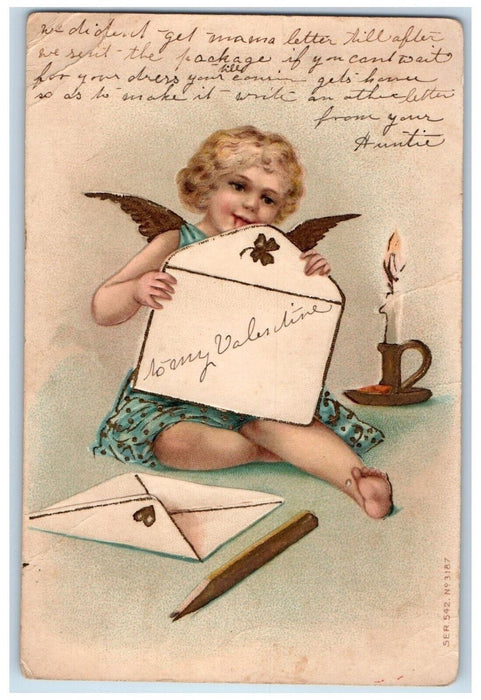1906 Valentine Candle Light Angel Envelop Pencil Embossed Antique Postcard