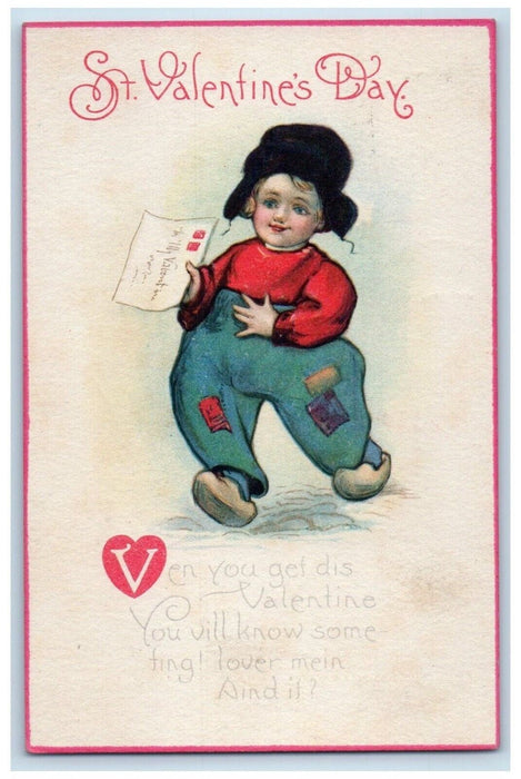 1910 St. Valentine Day Dutch Boy Holding Letter Posted Antique Postcard