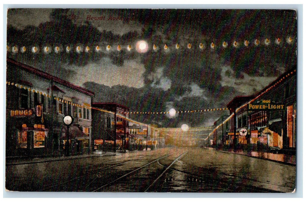 Night Scene At Hewitt Avenue Everett Washington WA, Shops Stores Scene Postcard