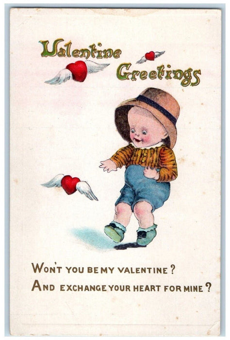 c1910's Valentine Greetings Little Boy Heart Wings Embossed Antique Postcard