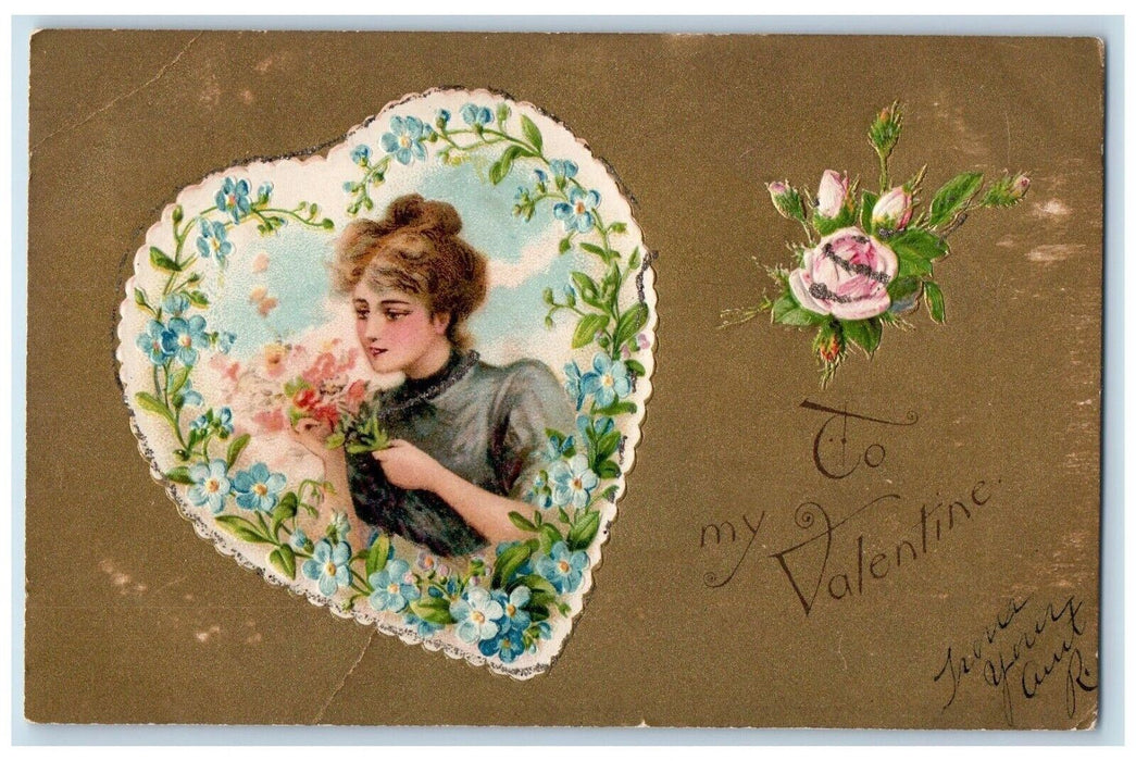 1907 Valentine Woman In Heart Pansies Flowers Nash Little Falls NY Postcard