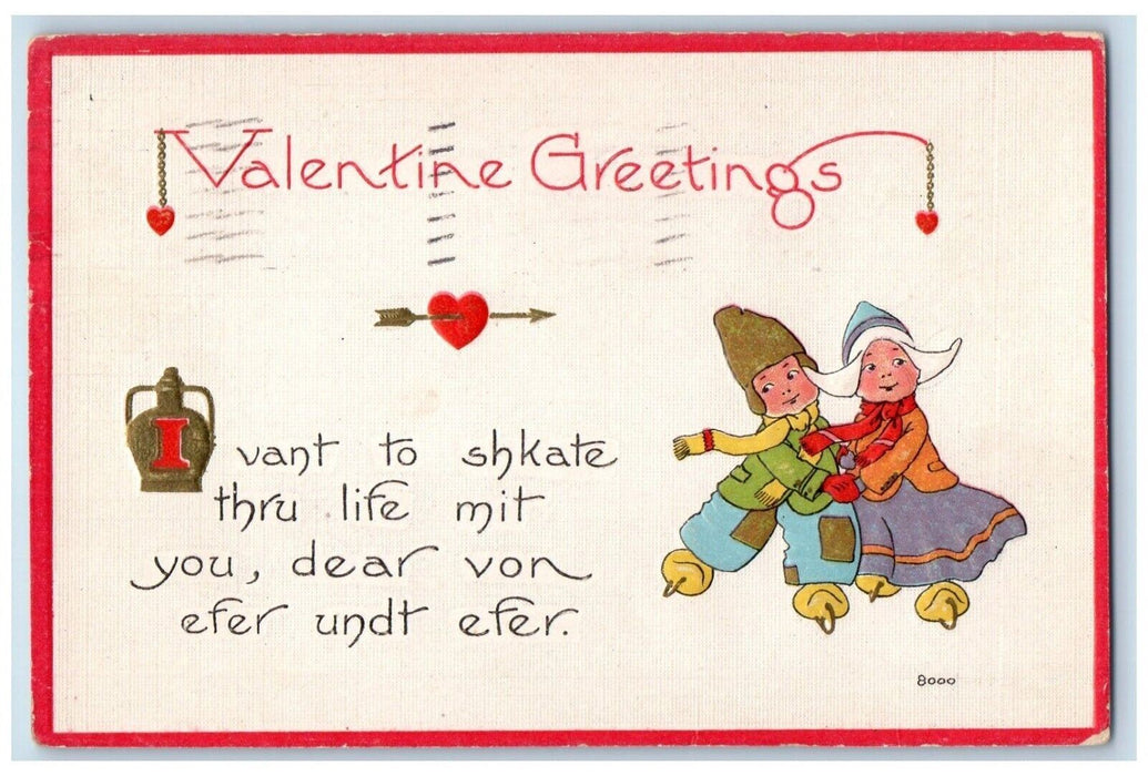 1914 Valentine Greetings Dutch Children Ice Skating Heart Arrow Antique Postcard