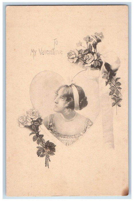 c1910's Valentine Pretty Woman In Heart Flowers Roses Unposted Antique Postcard