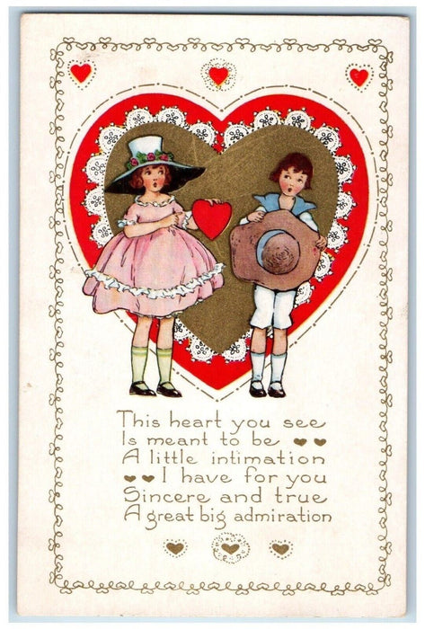 c1910's Valentine Hearts Children Big Hat Flowers Embossed Antique Postcard
