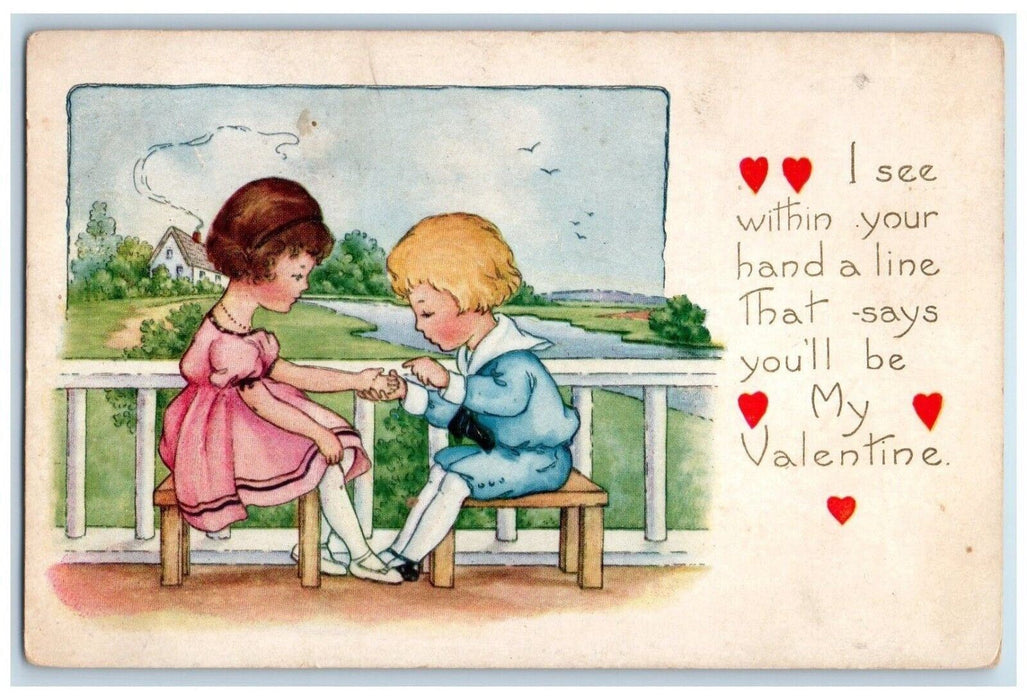 c1910's Valentine Children Holding Hand Hearts House Chimney Embossed Postcard