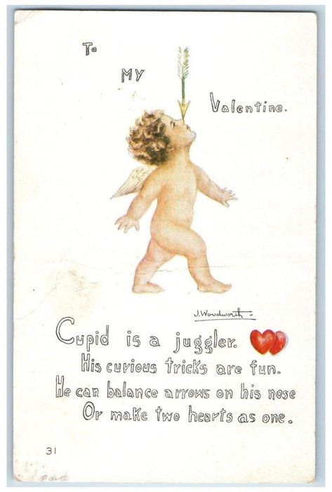 1913 Valentine Cupid Angel Arrow Hearts Munnsville New York NY Antique Postcard