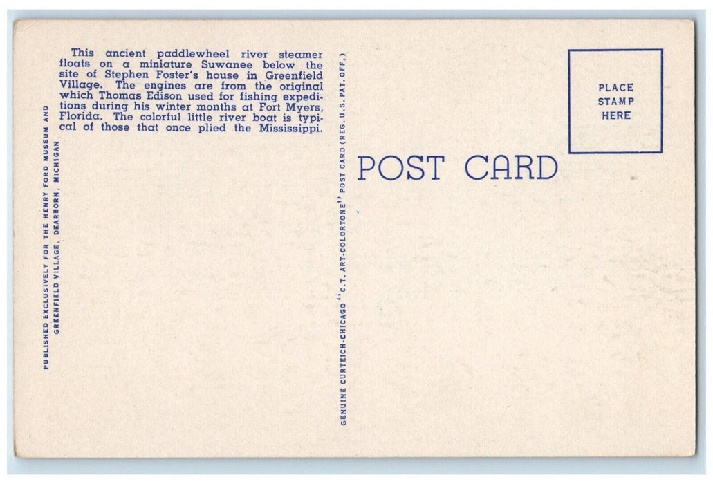 Suwanee Greenfield Village Dearborn Michigan MI Steamer Ship Scene Postcard