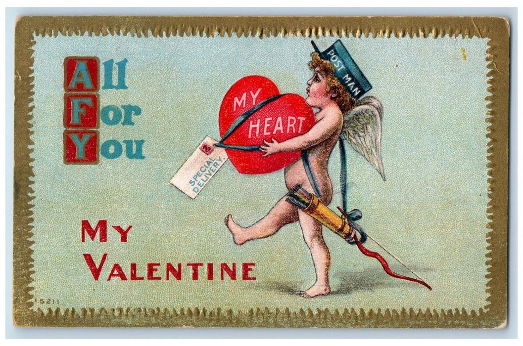 Valentine Cupid Angel Post Man Delivering Heart Winsch Back Embossed Postcard
