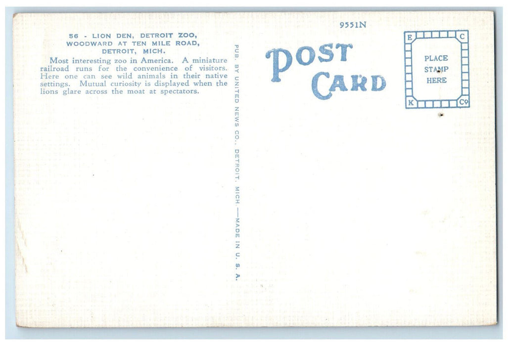 View Of Lion Den Detroit Zoo Park Animals Scene Woodward MI Vintage Postcard