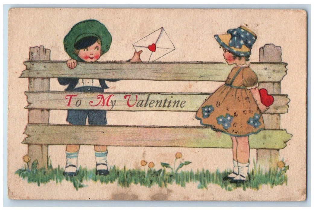 c1910's Valentine Children Exchange Gift Boy Standing Fence Antique Postcard