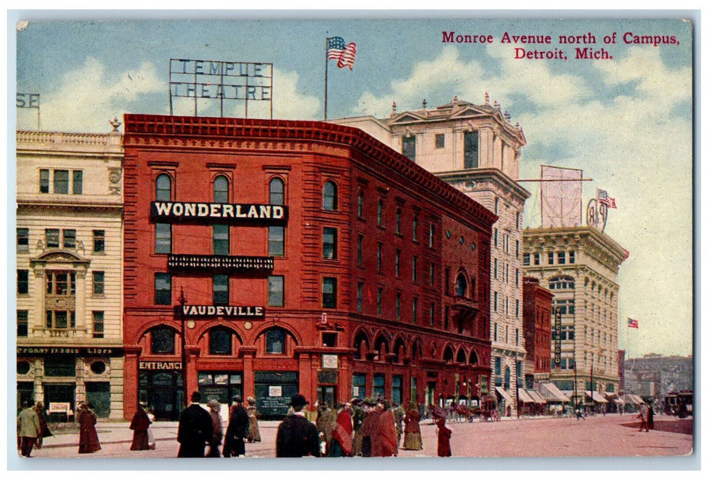 1912 Monroe Avenue North Of Campus Temple Theatr Detroit Michigan MI Postcard