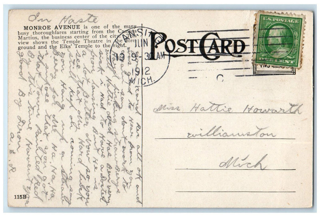 1912 Monroe Avenue North Of Campus Temple Theatr Detroit Michigan MI Postcard