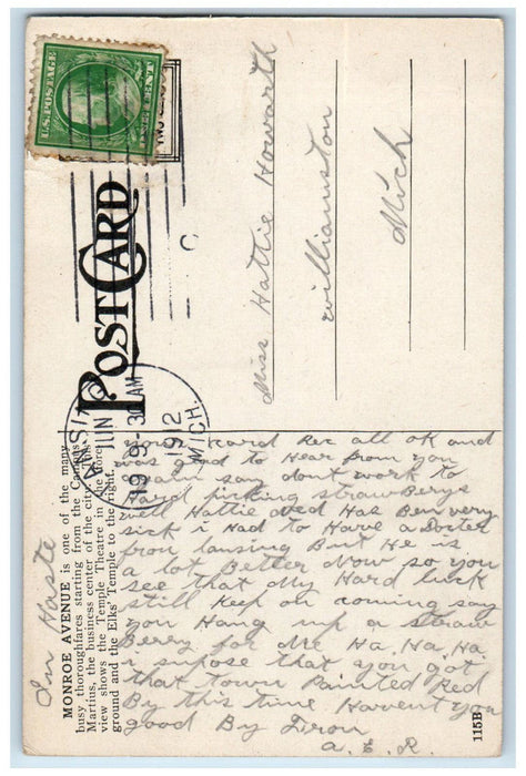 1912 Monroe Avenue North Of Campus Temple Theatr Detroit Michigan MI Postcard