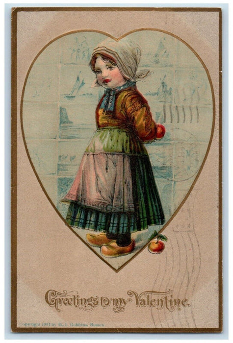 1909 Valentine Greetings Dutch Girl Hearts Hamilton Ontario Canada Postcard