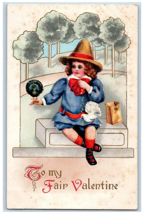 c1910's Valentine Boy Curly Hair With Birds Embossed Posted Antique Postcard